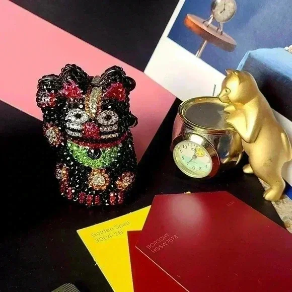 Rhinestones black lucky cat trinket box jewelry box small size good luck kitten - Picture 6 of 15